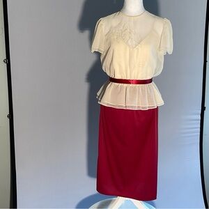Vintage 80’s Cranberry/Ivory Spaghetti Strap Dress with Sheer Over Blouse Top